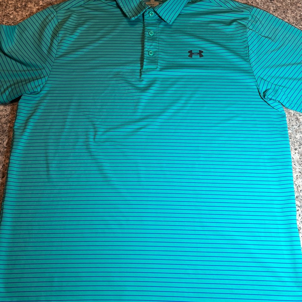 Under Armour Heat Gear Green With Blue Stripes Golf Polo Loose Fit Mens Size L